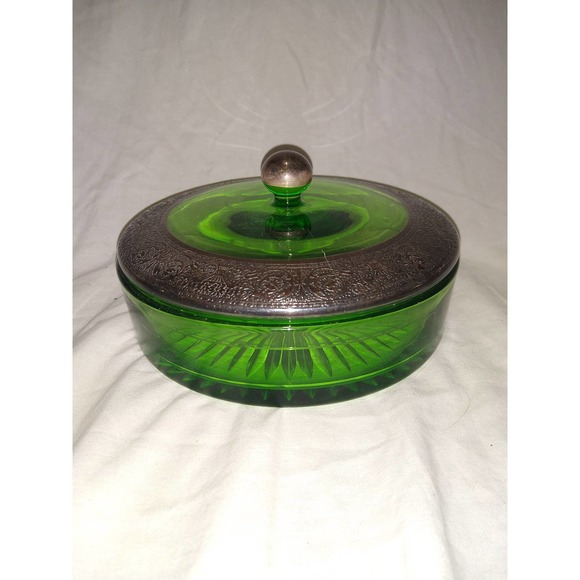 Gorgeous green depression glass covered bowl with ornate metal accented lid - Picture 1 of 6